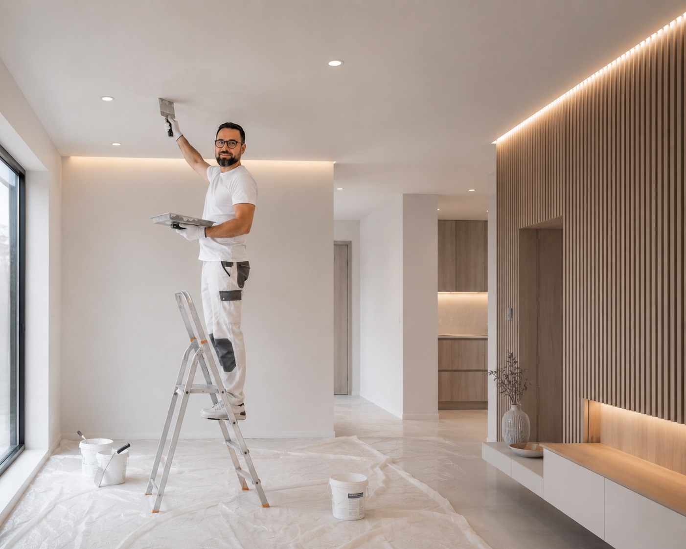 Laurentiu Balcan en plein travail de rénovation d'un intérieur moderne à Genève